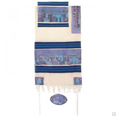 תמונה של סט טלית מכותנה ומשי "ירושלים העתיקה" (כחול) - יאיר עמנואל