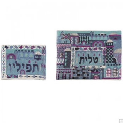 תמונה של תיק לטלית ותפילין עם ריקמה בעבודת יד "ירושלים העתיקה" (כחול) - יאיר עמנואל 