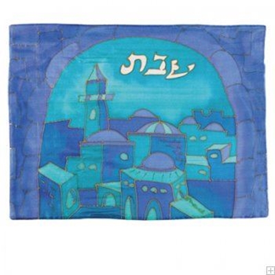 תמונה של כיסוי חלה ממשי צבוע "שער ירושלים" (כחול) - יאיר עמנואל 