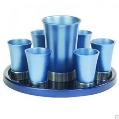 תמונה של סט קידוש מאלומיניום - גביע + 6 כוסות + מגש (כחול) - יאיר עמנואל